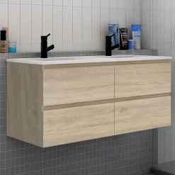 Meuble Vasque|AICA Sanitaire Meuble de salle de bain avec double vasque chêne, 120 cm meuble chêne avec lavabo meuble à 4 tiroirs
