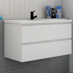 AICA Sanitaire Meuble de salle de bain avec vasque, 100 cm 2 tiroirs à fermeture amortie blanc, meuble suspendu