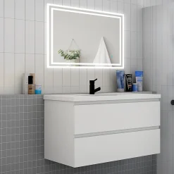 AICA Sanitaire Meuble de salle de bain avec vasque, 100 cm 2 tiroirs à fermeture amortie blanc, meuble suspendu