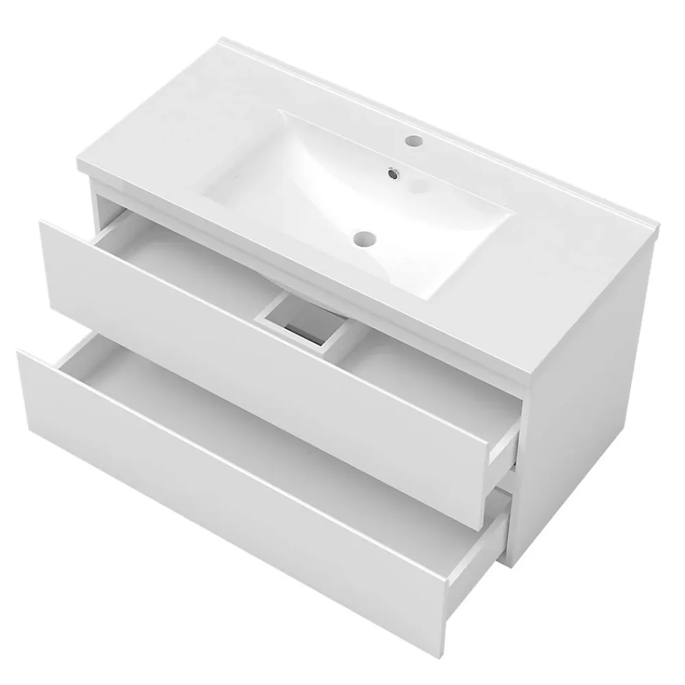 AICA Sanitaire Meuble de salle de bain avec vasque, 100 cm 2 tiroirs à fermeture amortie blanc, meuble suspendu