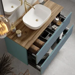 Kibath Meuble de salle de bain avec vasque, miroir et applique LED BOREAL 100x45 cm finition Bleu Océan mat 2 tiroirs suspendus