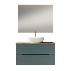 Kibath Meuble de salle de bain avec vasque, miroir et applique LED BOREAL 100x45 cm finition Bleu Océan mat 2 tiroirs suspendus