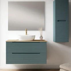 Kibath Meuble de salle de bain avec vasque, miroir et applique LED BOREAL 100x45 cm finition Bleu Océan mat 2 tiroirs suspendus