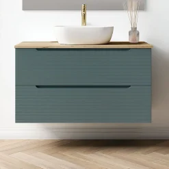 Kibath Meuble de salle de bain avec vasque, miroir et applique LED BOREAL 100x45 cm finition Bleu Océan mat 2 tiroirs suspendus