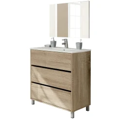 Pegane Meuble de salle de bain avec 3 portes coloris chêne cambian - Hauteur 88 x largeur 81,5 x profondeur 46,5 cm