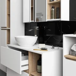3xE Living Meuble de salle de bain, blanc/chêne Sonoma, 35 x 80 x 30 cm