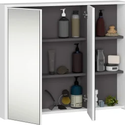 Armoire De Toilette|3xE Living Meuble de salle de bain, blanc/gris graphite, 90 x 75 x 15 cm