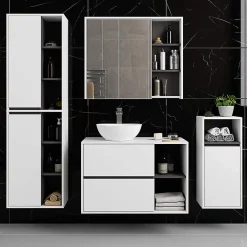Armoire De Toilette|3xE Living Meuble de salle de bain, blanc/gris graphite, 90 x 75 x 15 cm