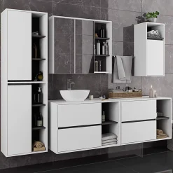 Armoire De Toilette|3xE Living Meuble de salle de bain, blanc/gris graphite, 90 x 75 x 15 cm