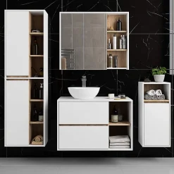 3xE Living Meuble de salle de bain, blanc/chêne Sonoma, 90 x 75 x 15 cm