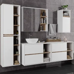3xE Living Meuble de salle de bain, blanc/chêne Sonoma, 90 x 75 x 15 cm