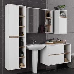 3xE Living Meuble de salle de bain, blanc/chêne Sonoma, 90 x 75 x 15 cm