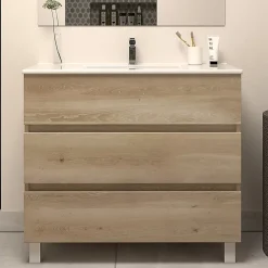 Cosyneo Meuble de salle de bain 80cm simple vasque - sans miroir - 3 tiroirs - nebraska (bois clair) - MAYOR
