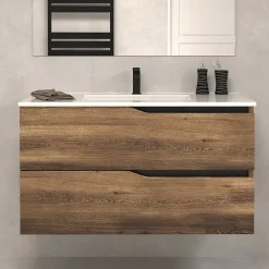 Meuble Vasque|Cosyneo Meuble de salle de bain 100cm simple vasque - sans miroir - 2 tiroirs - tabaco (bois foncé) - LUNA