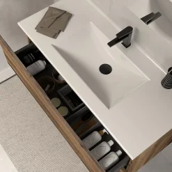 Meuble Vasque|Cosyneo Meuble de salle de bain 100cm simple vasque - sans miroir - 2 tiroirs - tabaco (bois foncé) - LUNA