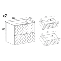 3xE Living Meuble de salle de bain, Cachemire, 140 x 57 x 46 cm, poignées dorées