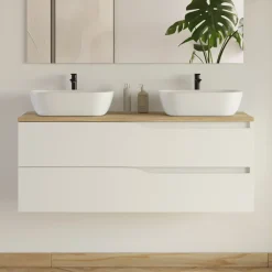 Meuble Vasque|Cosyneo Meuble de salle de bain 120cm avec plateau miel et 2 vasques à poser Zeus - 2 tiroirs - sans miroir - blanc - LUNA
