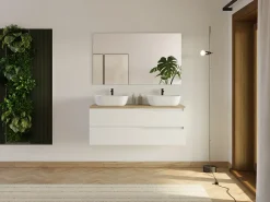 Meuble Vasque|Cosyneo Meuble de salle de bain 120cm avec plateau miel et 2 vasques à poser Zeus - 2 tiroirs - sans miroir - blanc - LUNA