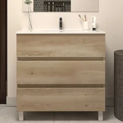Ensemble Meuble De Salle De Bains|Cosyneo Meuble de salle de bain 60cm simple vasque - 3 tiroirs - nebraska (bois clair) - MAYOR