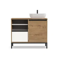 Etagère Salle De Bains|Pegane Meuble de salle de bain coloris chêne doré / pieds noir - Hauteur 81 x Longueur 100 x Profondeur 51 cm