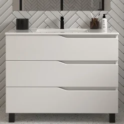 Meuble Vasque|Cosyneo Meuble de salle de bain 100cm simple vasque - sans miroir - 3 tiroirs - blanc - MATA