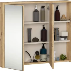 Armoire De Toilette|3xE Living Meuble de salle de bain, chêne artisanal/cachemire, 90 x 75 x 15 cm