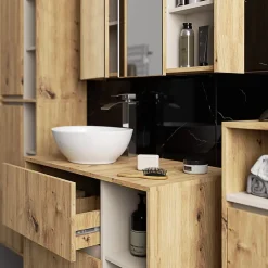 Armoire De Toilette|3xE Living Meuble de salle de bain, chêne artisanal/cachemire, 90 x 75 x 15 cm