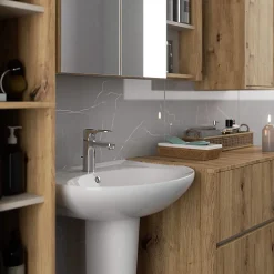 Armoire De Toilette|3xE Living Meuble de salle de bain, chêne artisanal/cachemire, 90 x 75 x 15 cm