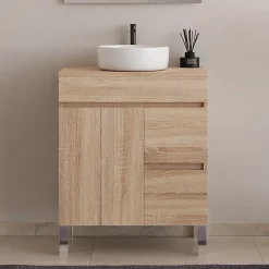 Meuble Vasque|Cosyneo Meuble de salle de bain 80cm sur pieds avec plateau et 1 vasque à poser Ares - sans miroir - portes et tiroirs - cambrian - HARO