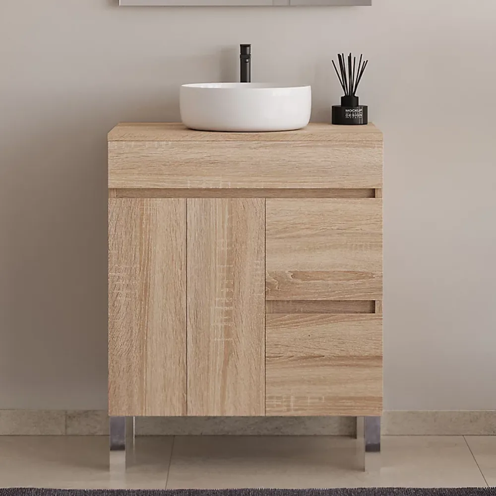 Meuble Vasque|Cosyneo Meuble de salle de bain 80cm sur pieds avec plateau et 1 vasque à poser Ares - sans miroir - portes et tiroirs - cambrian - HARO