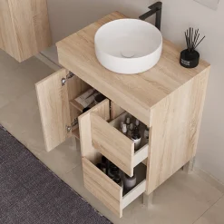 Meuble Vasque|Cosyneo Meuble de salle de bain 80cm sur pieds avec plateau et 1 vasque à poser Ares - sans miroir - portes et tiroirs - cambrian - HARO