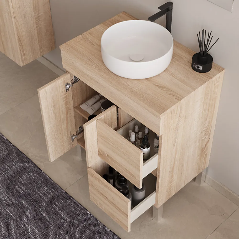 Meuble Vasque|Cosyneo Meuble de salle de bain 80cm sur pieds avec plateau et 1 vasque à poser Ares - sans miroir - portes et tiroirs - cambrian - HARO