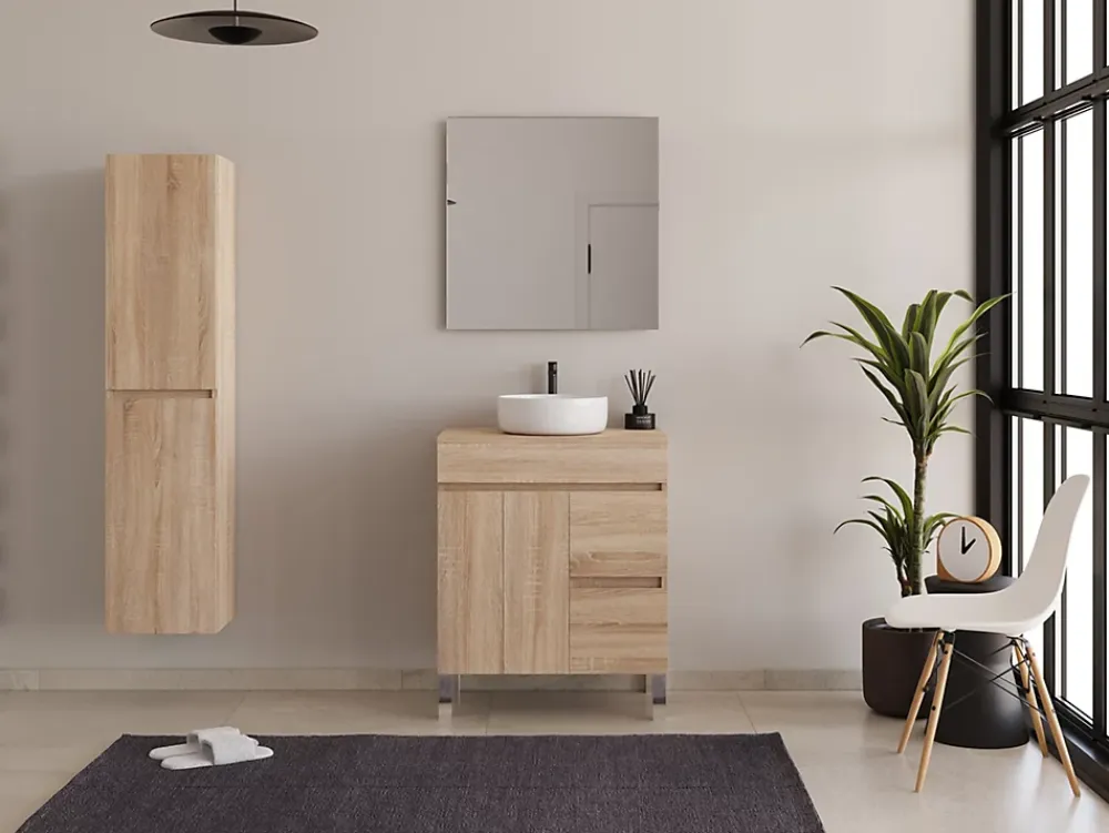 Meuble Vasque|Cosyneo Meuble de salle de bain 80cm sur pieds avec plateau et 1 vasque à poser Ares - sans miroir - portes et tiroirs - cambrian - HARO