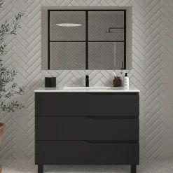Ensemble Meuble De Salle De Bains|Cosyneo Meuble de salle de bain 90cm simple vasque - 3 tiroirs - noir - MATA