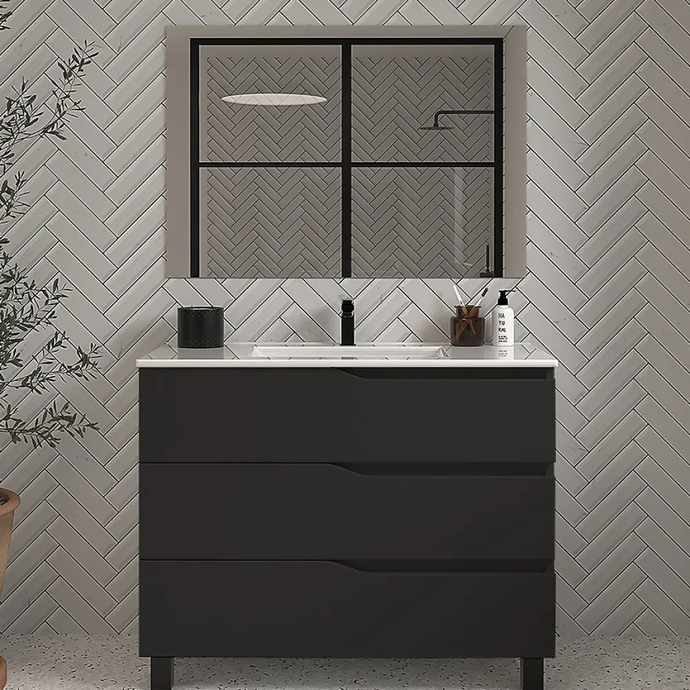 Ensemble Meuble De Salle De Bains|Cosyneo Meuble de salle de bain 90cm simple vasque - 3 tiroirs - noir - MATA