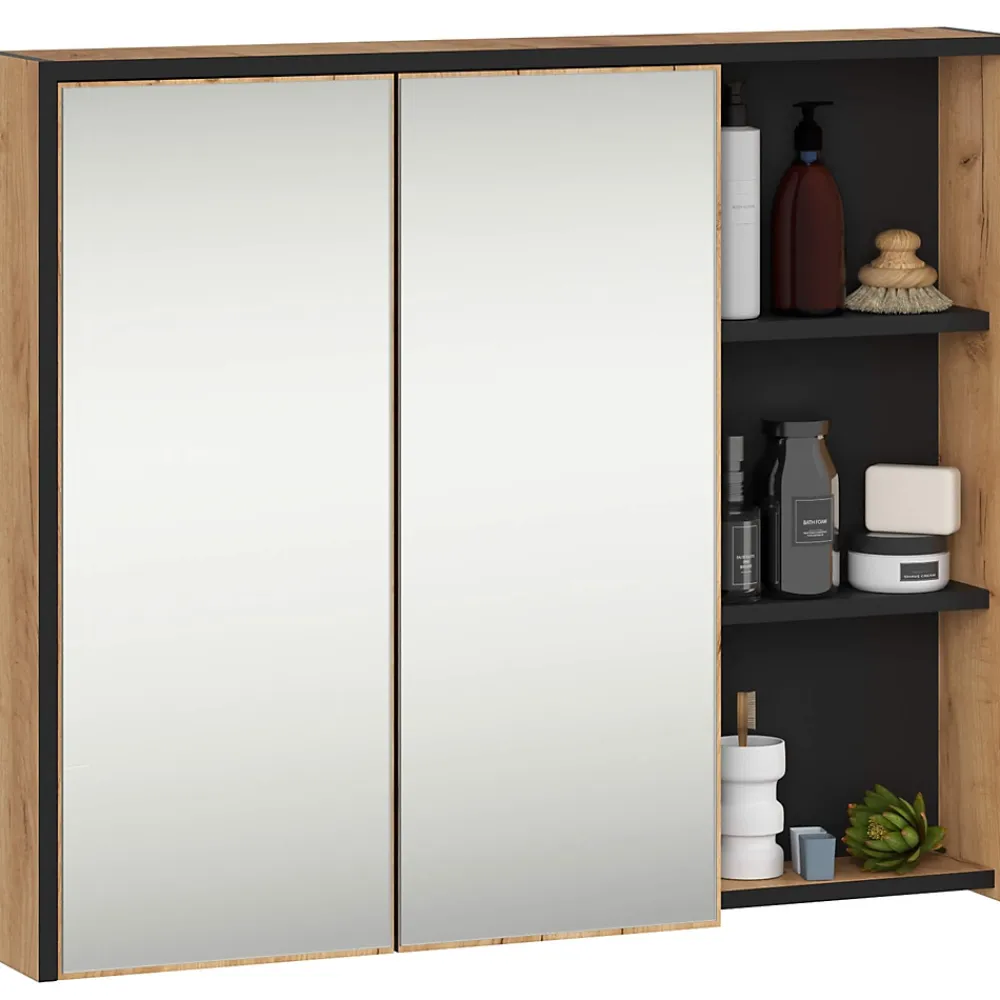 3xE Living Meuble de salle de bain, chêne artisanal/noir, 90 x 75 x 15 cm