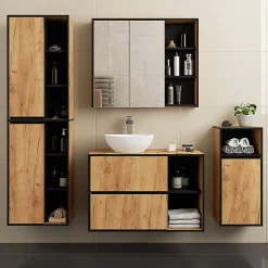 3xE Living Meuble de salle de bain, chêne artisanal/noir, 90 x 75 x 15 cm