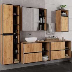 3xE Living Meuble de salle de bain, chêne artisanal/noir, 90 x 75 x 15 cm