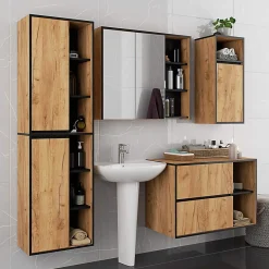 3xE Living Meuble de salle de bain, chêne artisanal/noir, 90 x 75 x 15 cm