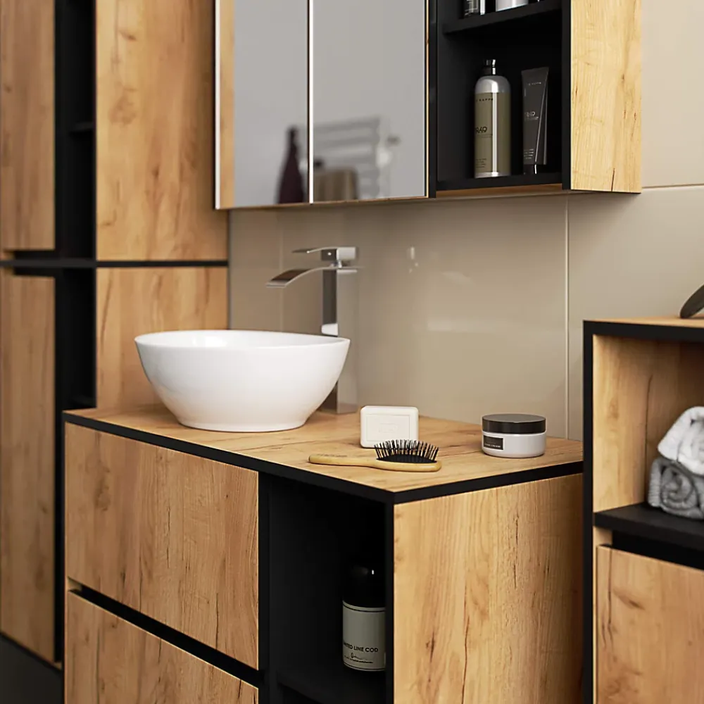3xE Living Meuble de salle de bain, chêne artisanal/noir, 90 x 75 x 15 cm