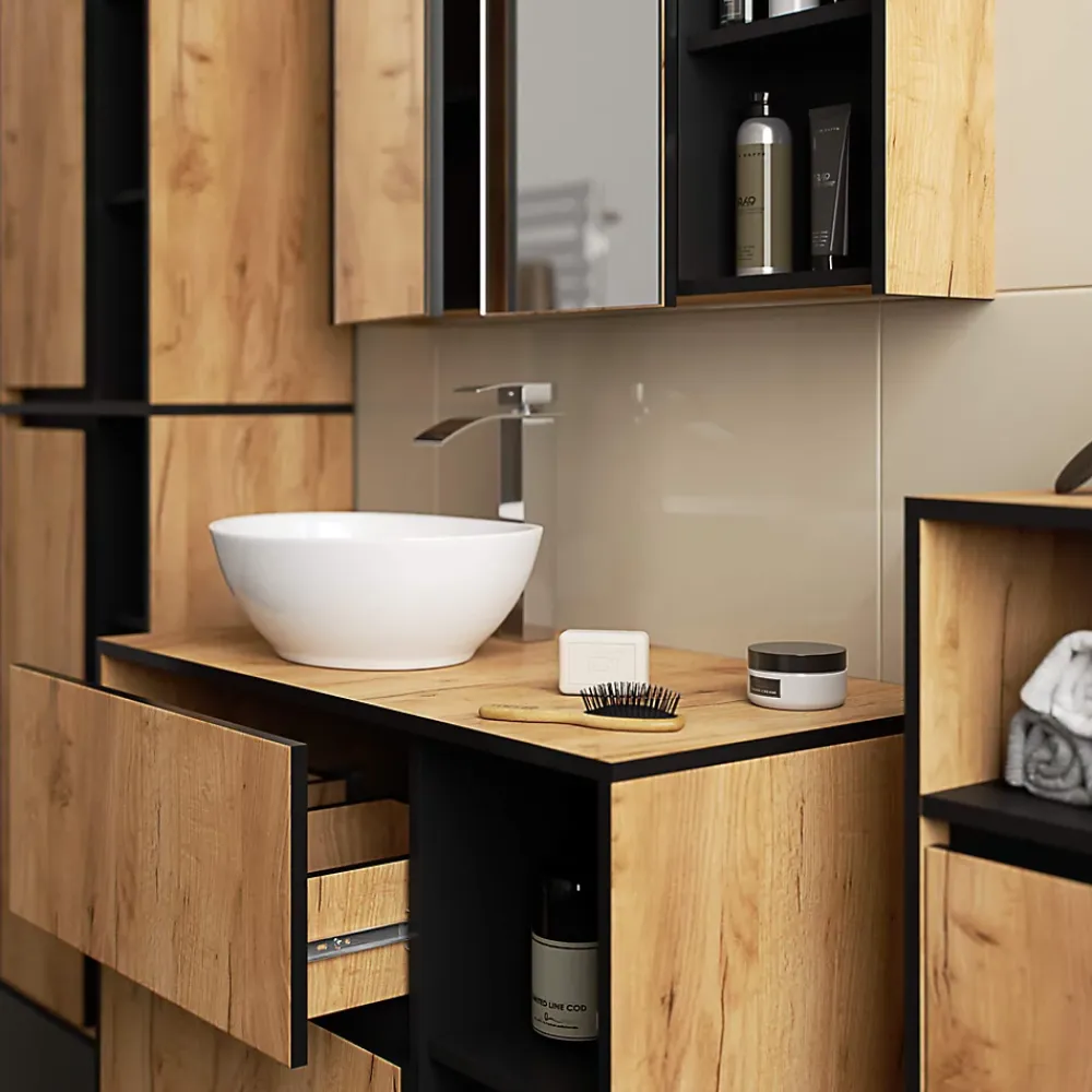 3xE Living Meuble de salle de bain, chêne artisanal/noir, 90 x 75 x 15 cm