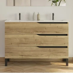 Meuble Vasque|Cosyneo Meuble de salle de bain 120cm avec plan double vasque - 3 tiroirs - sans miroir - madera miel (bois clair) - MATA