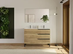 Meuble Vasque|Cosyneo Meuble de salle de bain 120cm avec plan double vasque - 3 tiroirs - sans miroir - madera miel (bois clair) - MATA