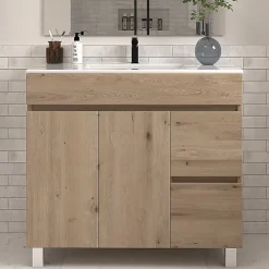 Meuble Vasque|Cosyneo Meuble de salle de bain 80cm simple vasque sans miroir sur pieds avec portes et tiroirs - cambrian (chêne clair) - HARO