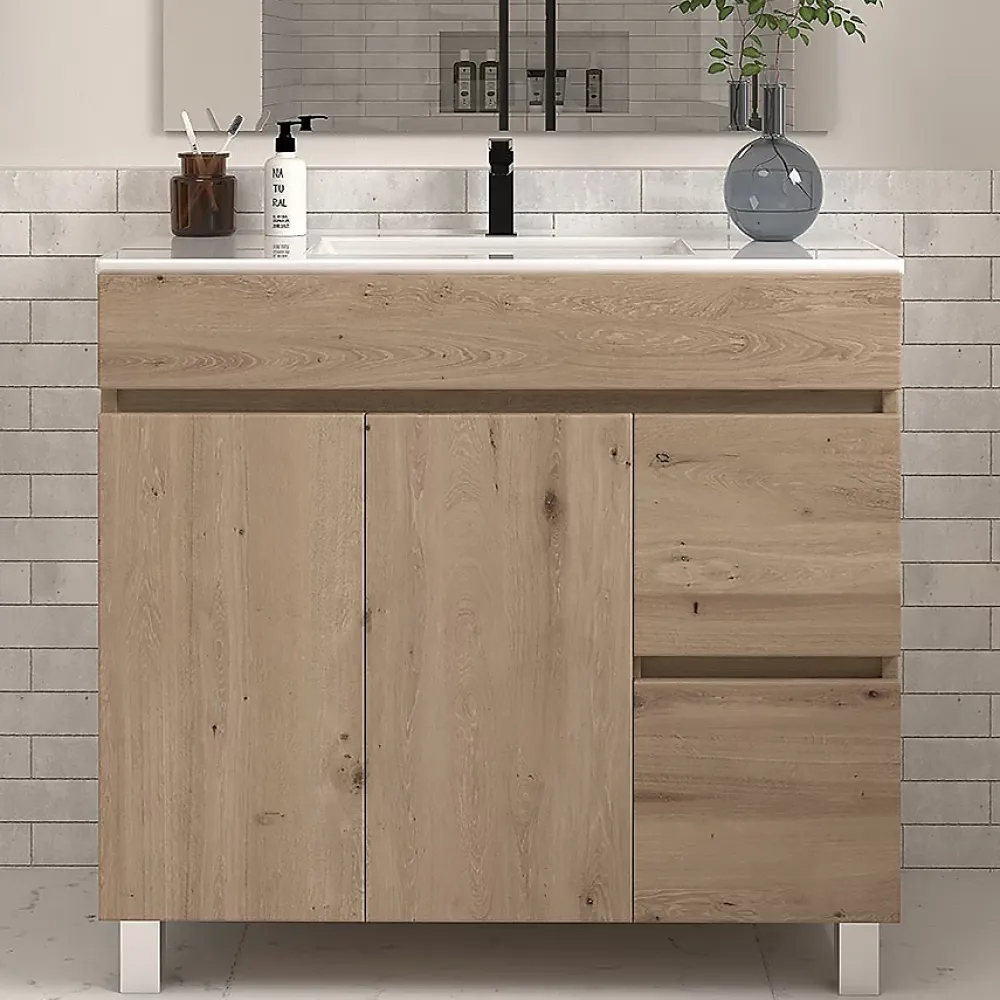 Meuble Vasque|Cosyneo Meuble de salle de bain 80cm simple vasque sans miroir sur pieds avec portes et tiroirs - cambrian (chêne clair) - HARO