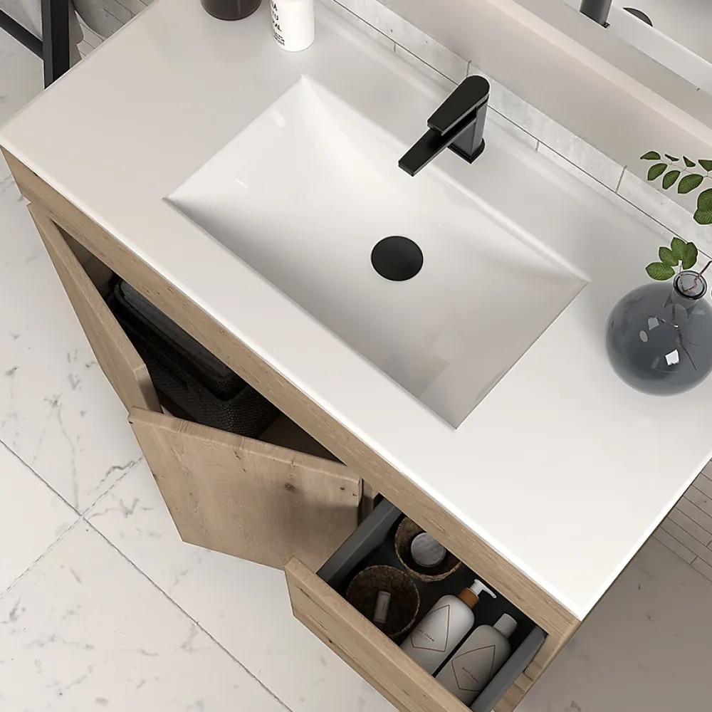 Meuble Vasque|Cosyneo Meuble de salle de bain 80cm simple vasque sans miroir sur pieds avec portes et tiroirs - cambrian (chêne clair) - HARO
