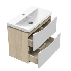 Meuble Sous-Vasque|AICA Sanitaire Meuble de salle de bain 60cm avec 2 tiroirs, suspendu Blanc + Chêne
