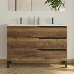 Ensemble Meuble De Salle De Bains|Cosyneo Meuble de salle de bain 120cm avec double vasque - 3 tiroirs et colonne de rangement - tabaco (chêne foncé) - MATA