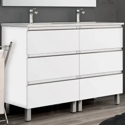 Cosyneo Meuble de salle de bain 140cm double vasque - 6 tiroirs - sans miroir - PALMA - blanc