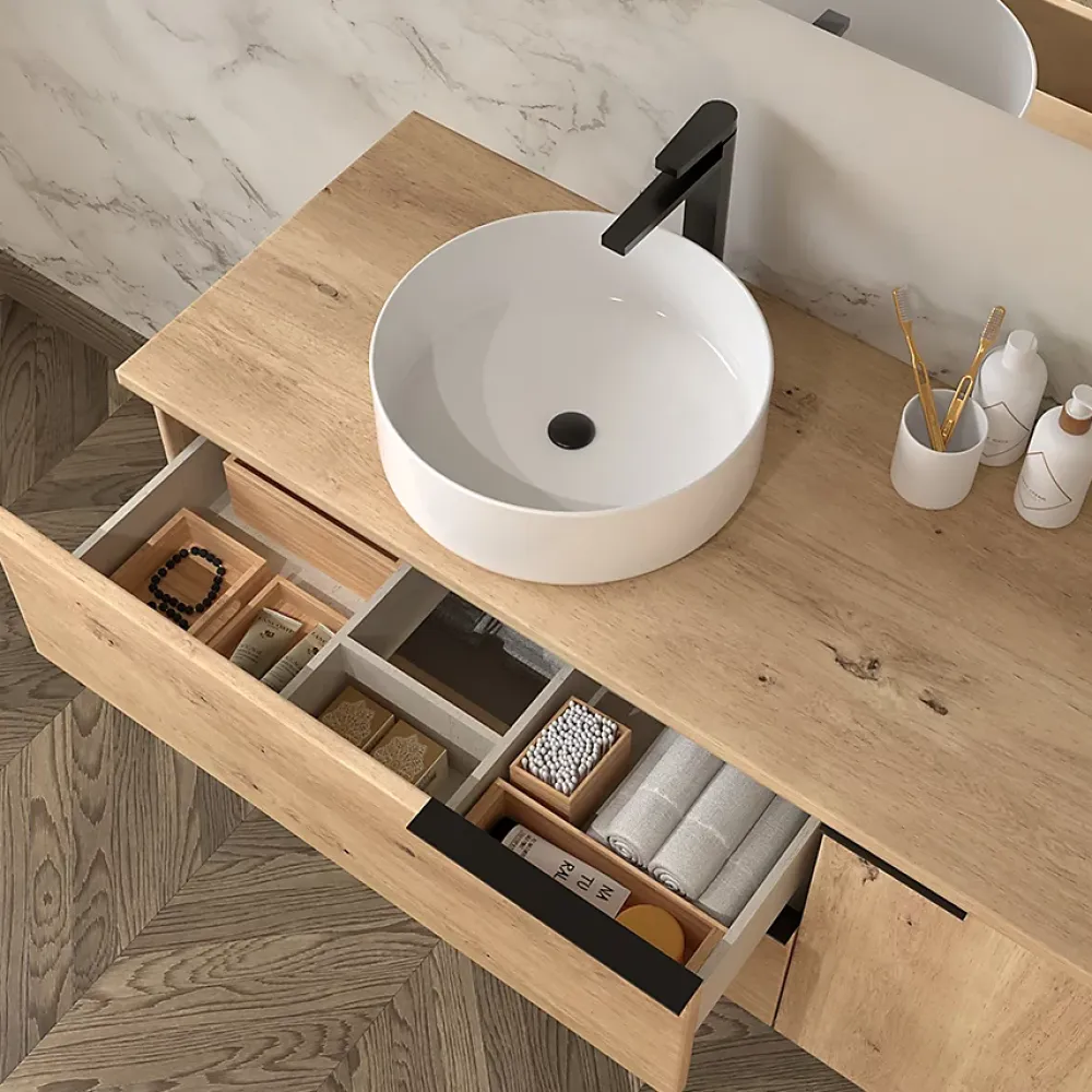 Cosyneo Meuble de salle de bain 100cm avec vasque à poser ronde - 2 tiroirs - roble (chêne clair) - KING